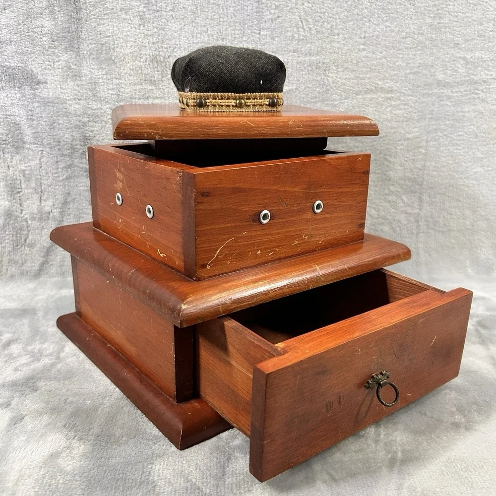 Antique Shaker Style‎ Wooden Sewing Box Drawer Spool Holders Pincushion